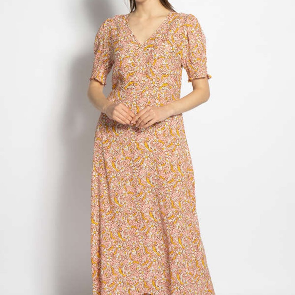 Rich & Royal Yellow and Pink Print Midi Summer Dress | Size 42